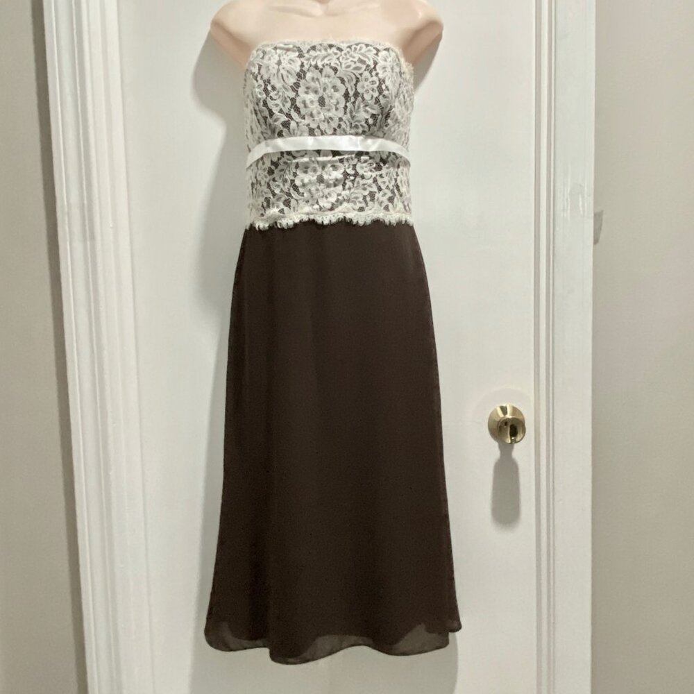 Alfred Sung Choco 20s Romantic Feminine Lace Bow Bondo Strapless Midi Dress 8
